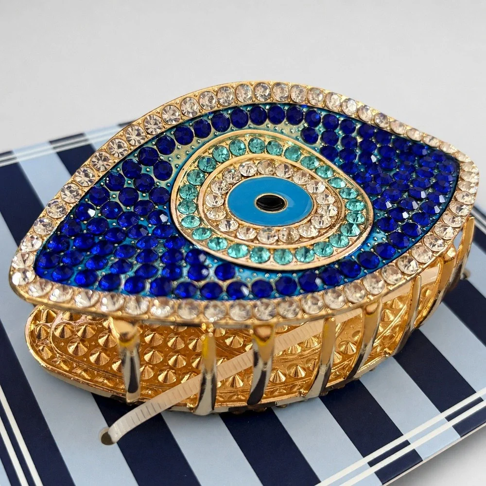 Piper K Evil Eye Hair Claw Clip Gold Tone Blue Rhinestone Crystal Statement